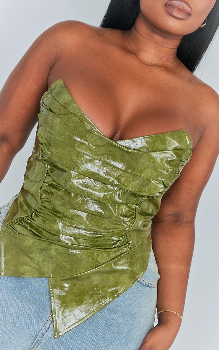 Plus Olive Washed Faux Leather Ruched Bandeau Corset Product Image