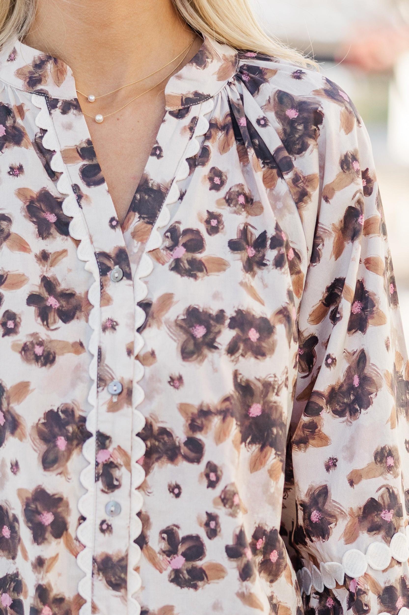 Just Dreaming Taupe Brown Floral Blouse Female Product Image
