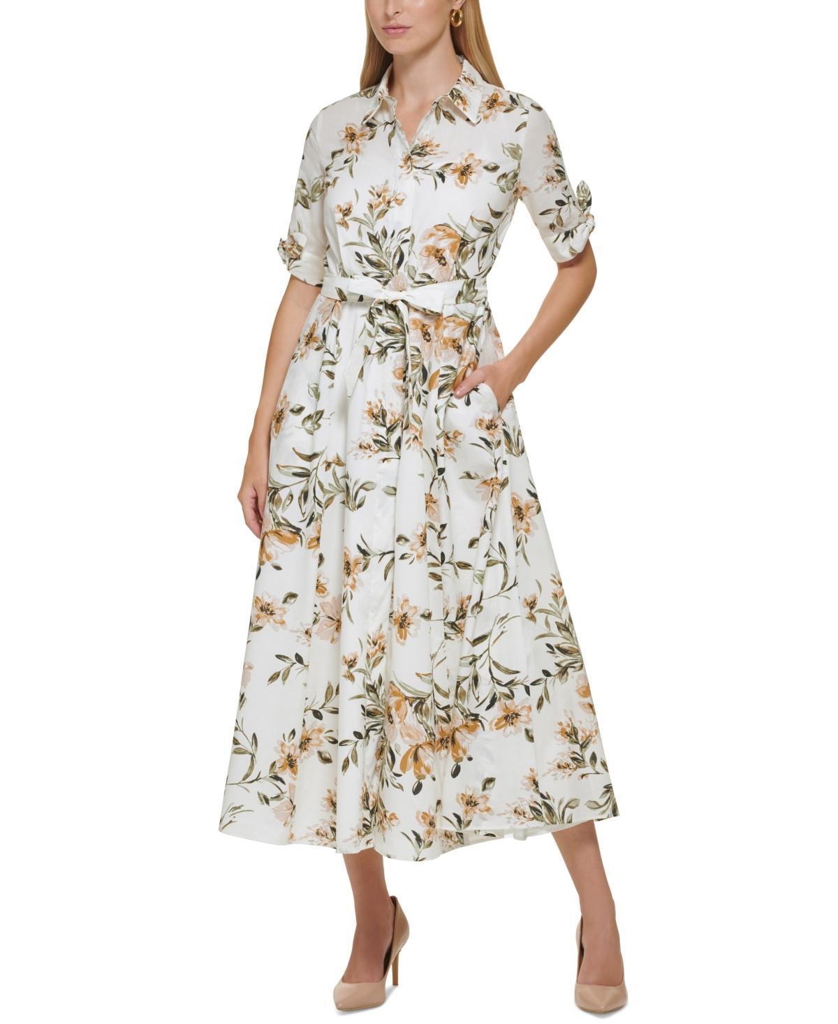 Calvin Klein Cotton Shirt Dress with Short Sleeve Tie Detail (Luggage Multi) Women's Dress Product Image