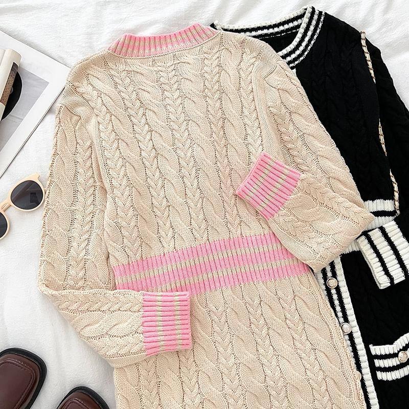 Long-Sleeve Cable Knit Button-Up Midi Dress Product Image