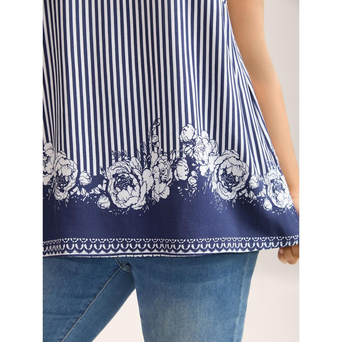 Plus Size Rayon Floral Hem Tank Top Women DarkBlue Contrast V-neck Vacation Tank Tops Camis BloomChic 10/M Product Image