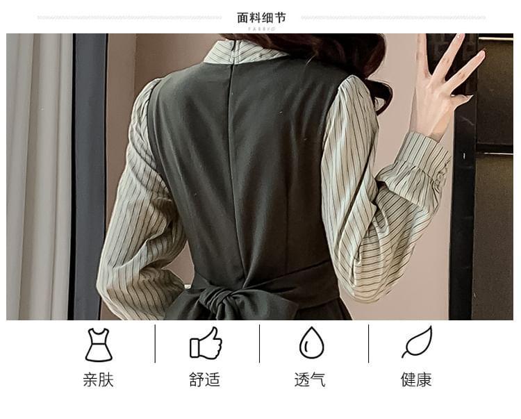 Mock Two-Piece Long-Sleeve Tie-Neck Striped Panel Midi A-Line Dress Product Image