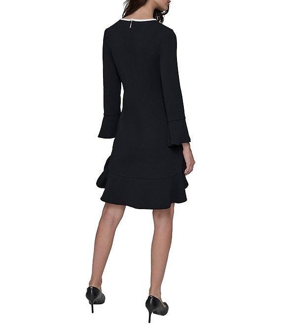 KARL LAGERFELD PARIS Scuba Crepe Round Neck 3/4 Bell Sleeve Flounce Hem Sheath Dress Product Image