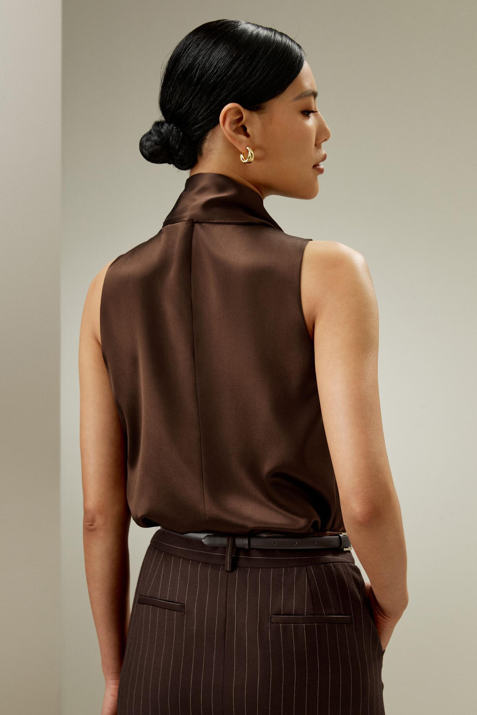 Sleeveless Tie-Neck Silk Blouse Product Image