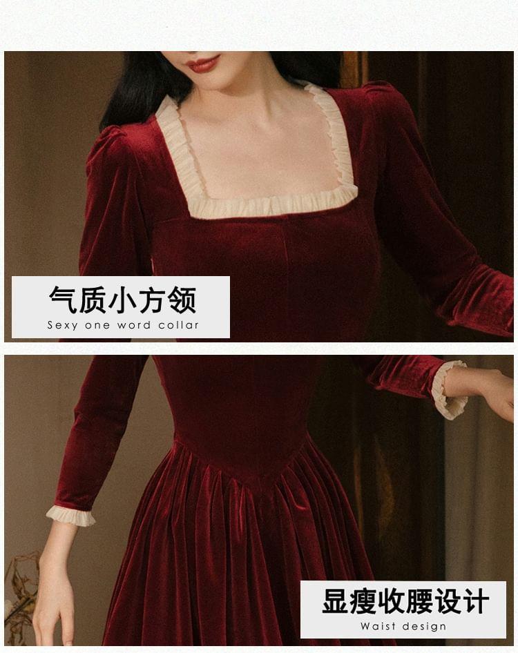 3/4-Sleeve Square Neck Frill Trim Velvet Midi A-Line Dress Product Image
