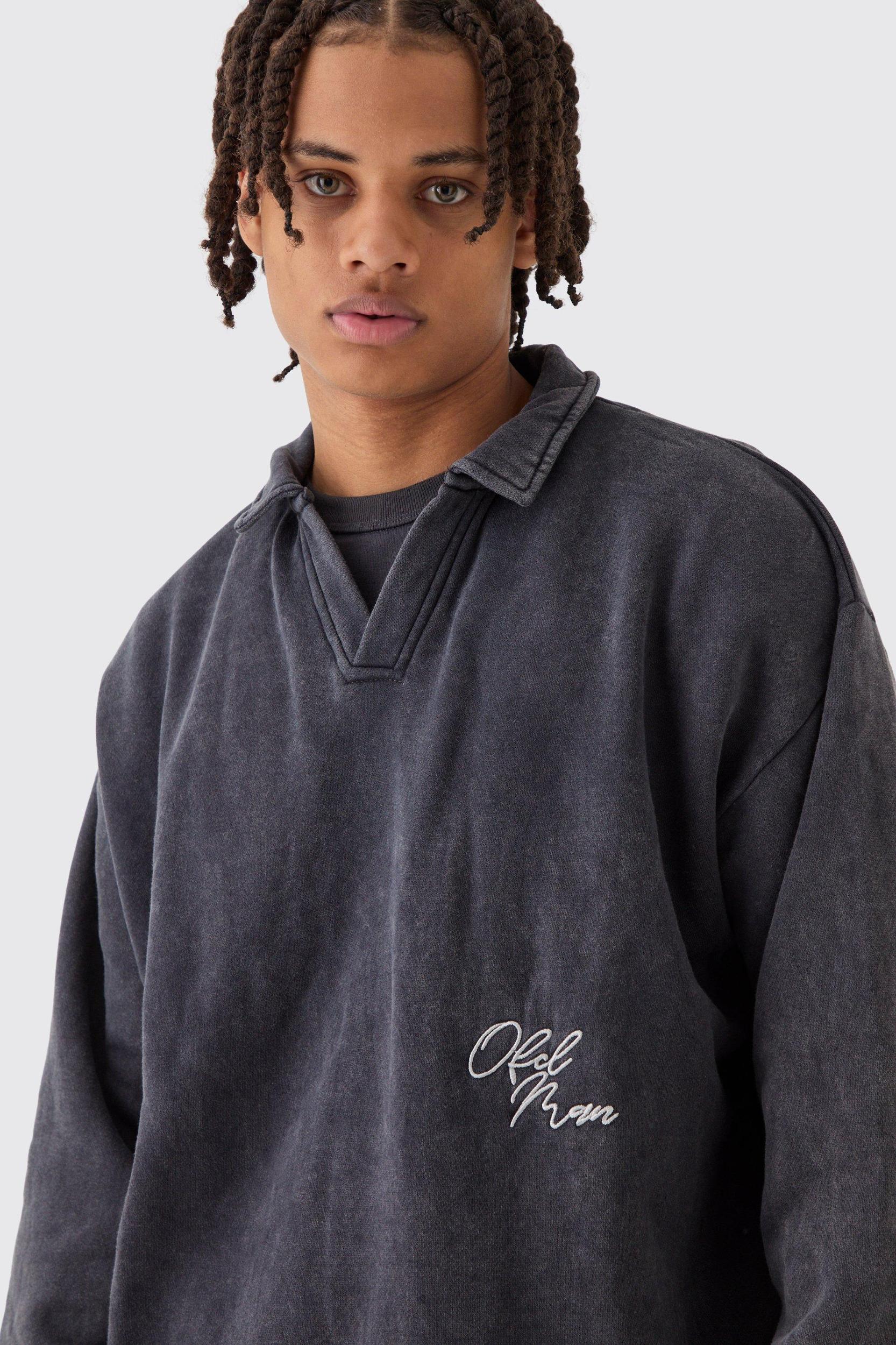 Oversized Revere Washed Embroidered Rugby Sweatshirt Polo | boohooMAN USA Product Image
