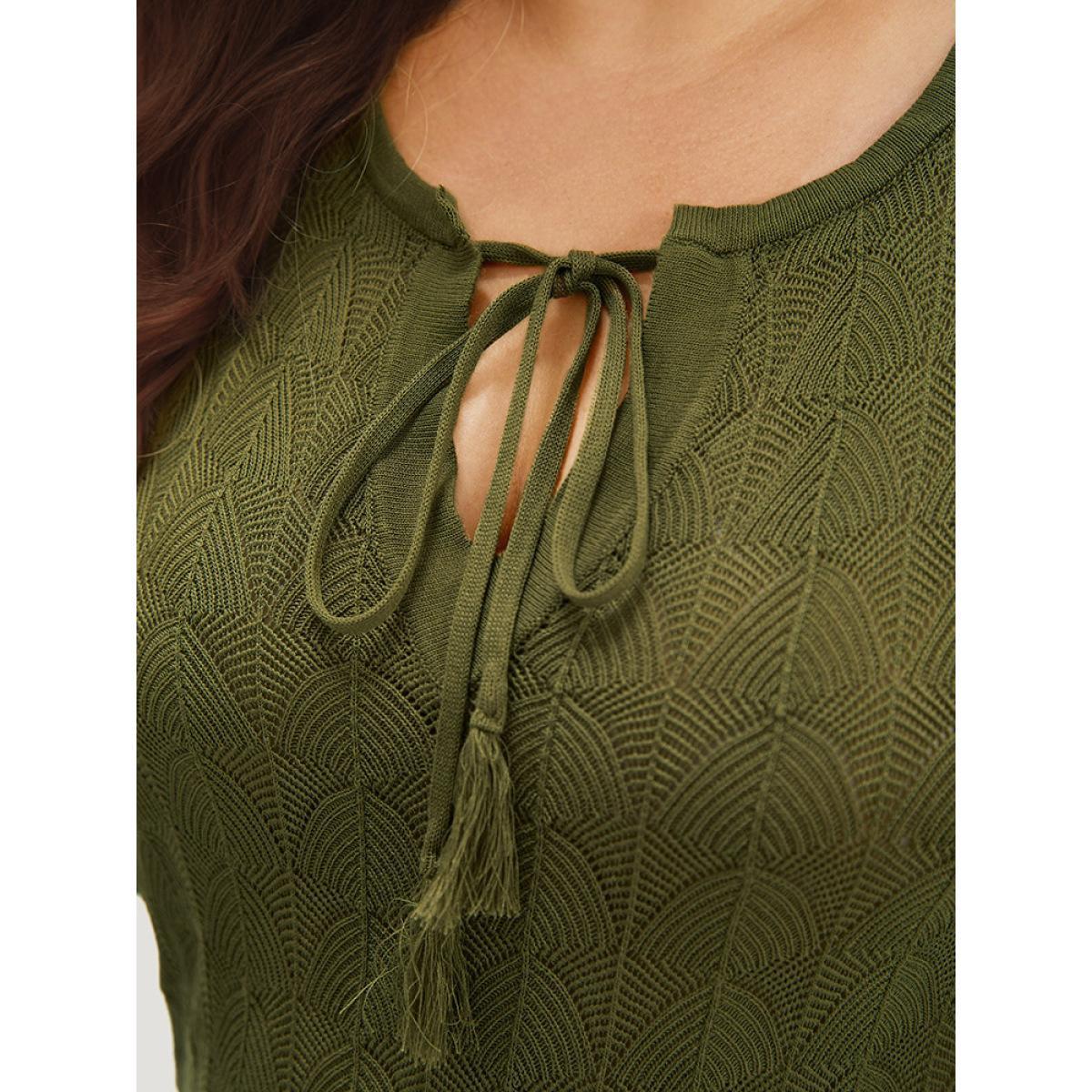 Plus Size Solid Ties Bell Sleeve Scalloped Trim Breathable Pullover Moss Women Casual Loose Long Sleeve V-neck Dailywear Pullovers BloomChic 26/4X Product Image