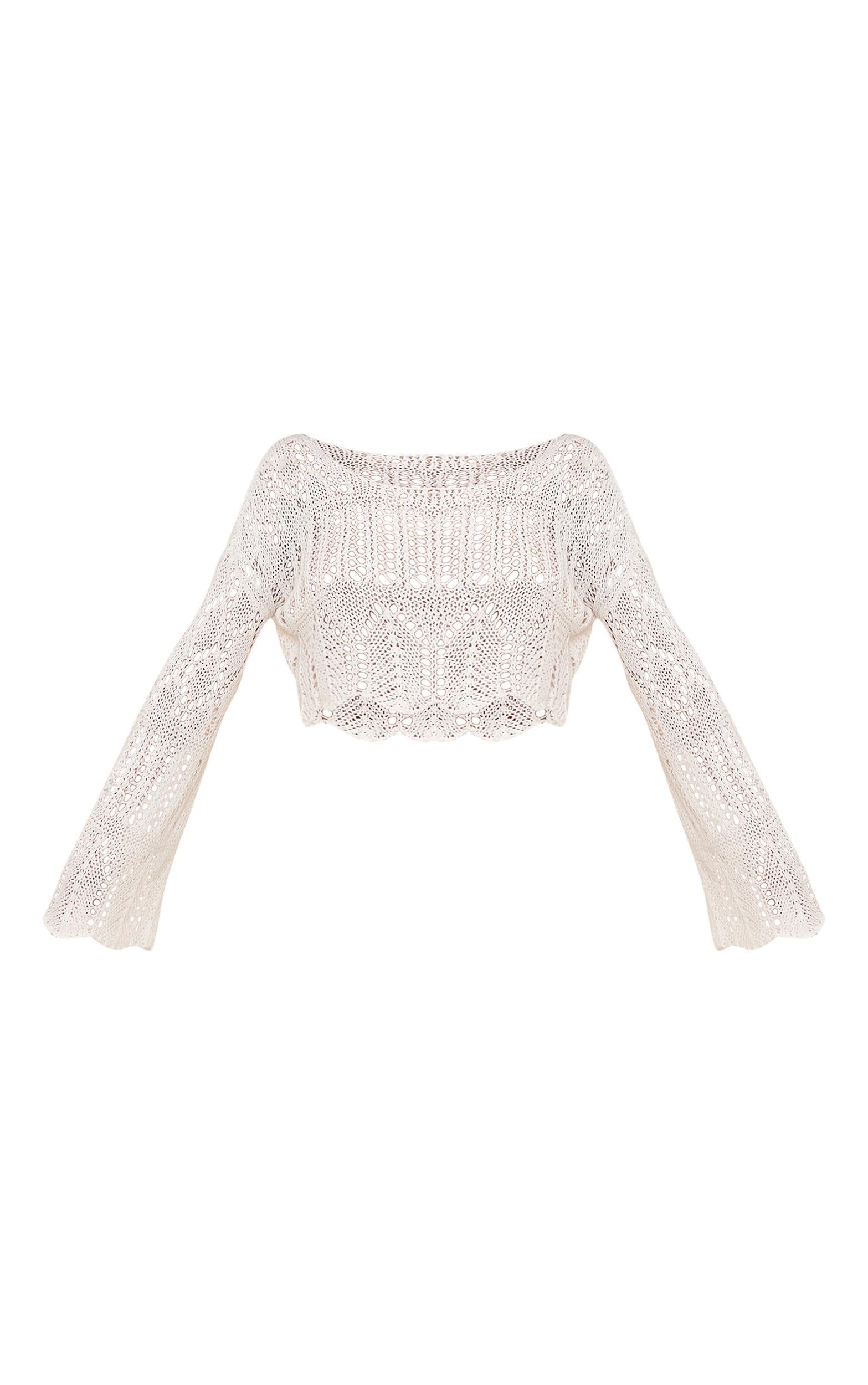 Off White Open Crochet Knit Slouchy Flared Sleeve Sweater Product Image