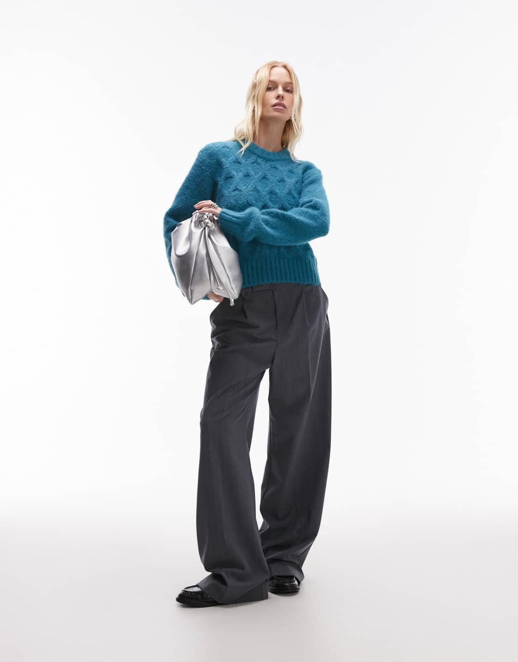 Topshop knitted cable stitch sweater in teal Product Image