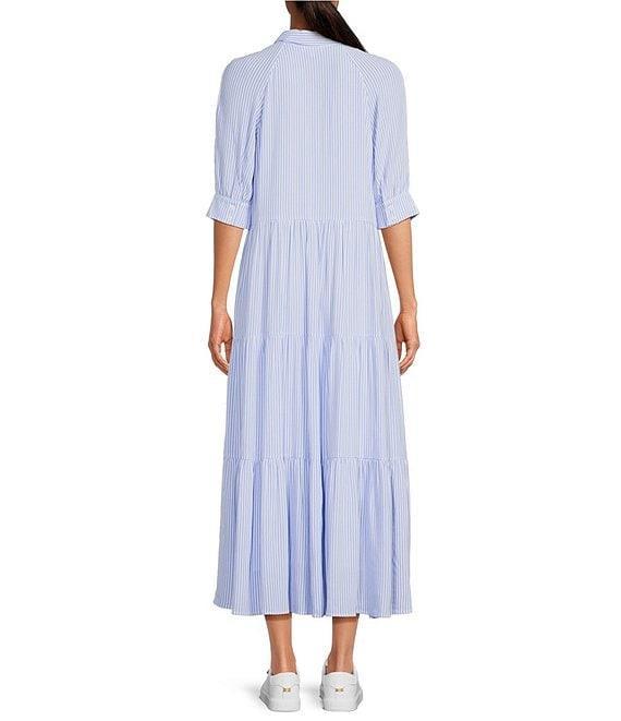 A Loves A Pinstripe Print Button Point Collar 3/4 Blouson Cuff Sleeve Tiered Waistless Midi Shirt Dress Product Image