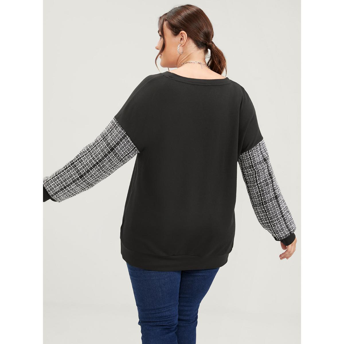 Plus Size Colorblock Contrast Pocket Raw Trim Drop Shoulder Sweatshirt Women Black Casual Patchwork Round Neck Dailywear Sweatshirts BloomChic 18-20/2X Product Image