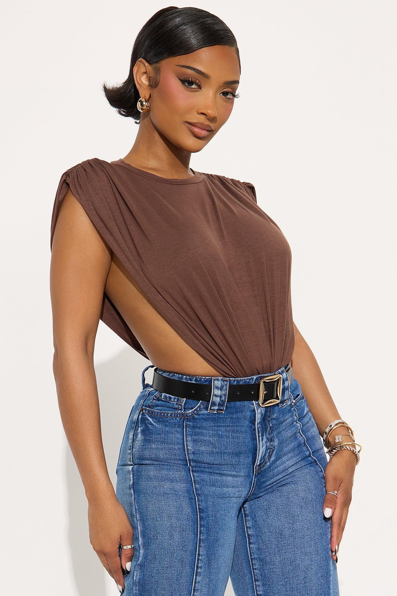 Open Concept Ruched Sleeveless Bodysuit - Chocolate Product Image