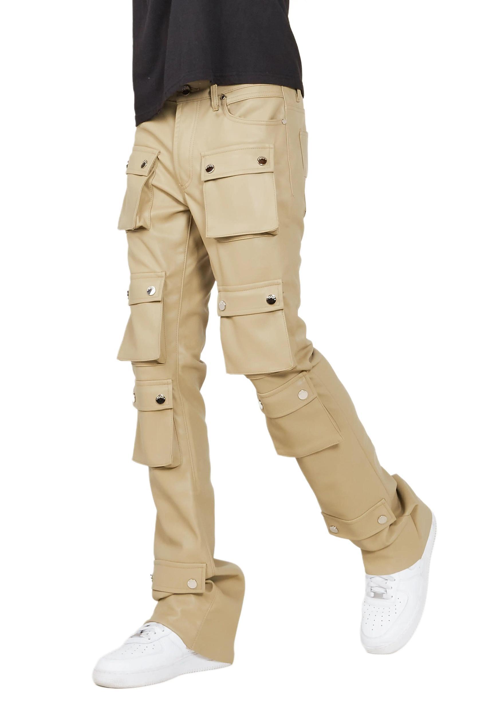 Remi Beige Faux Leather Stacked Flare Jean Male Product Image