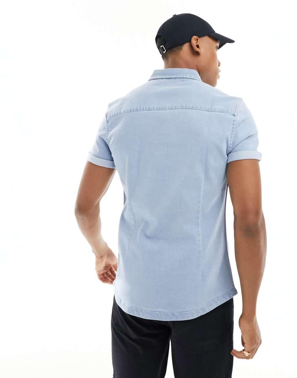 ASOS DESIGN slim roll sleeve denim shirt with button down collar Product Image