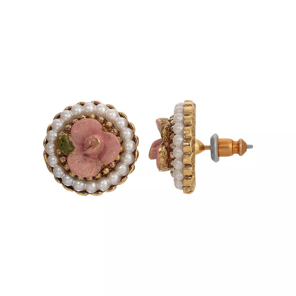 1928 Gold Tone Simulated Pearl Pink Flower Stud Earrings, Womens Product Image