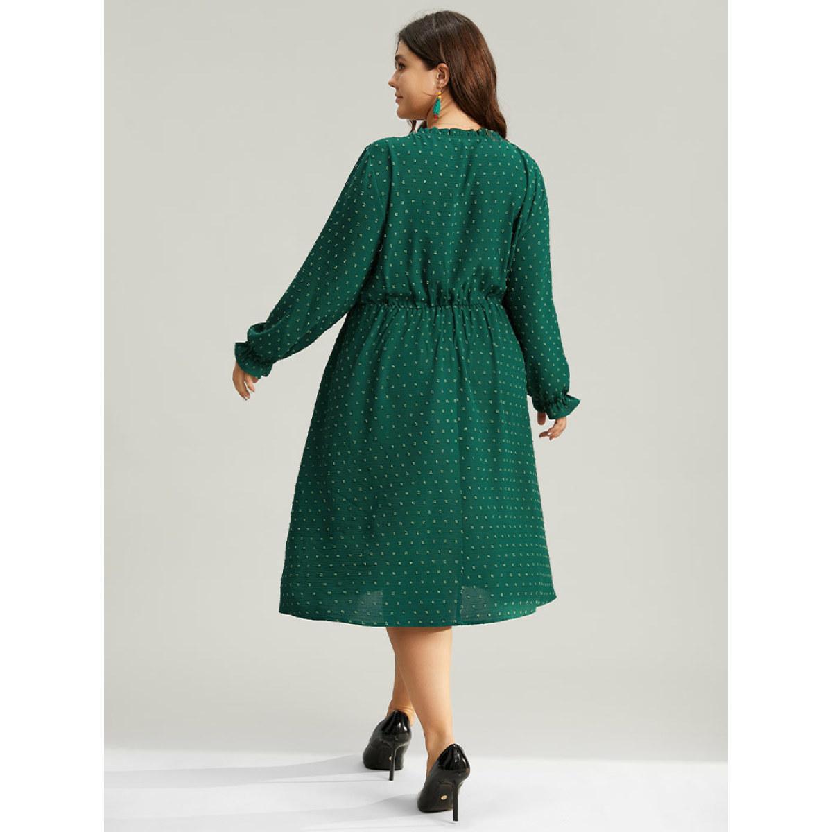 Plus Size Solid Textured V Neck Lantern Sleeve Frill Trim Dress DarkGreen Women Office Texture V-neck Long Sleeve Curvy Midi Dress BloomChic 28/5X Product Image