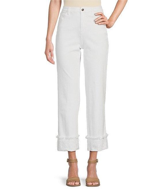 John Mark Floral Embroidered Fringe Hem Straight Leg Pants Product Image