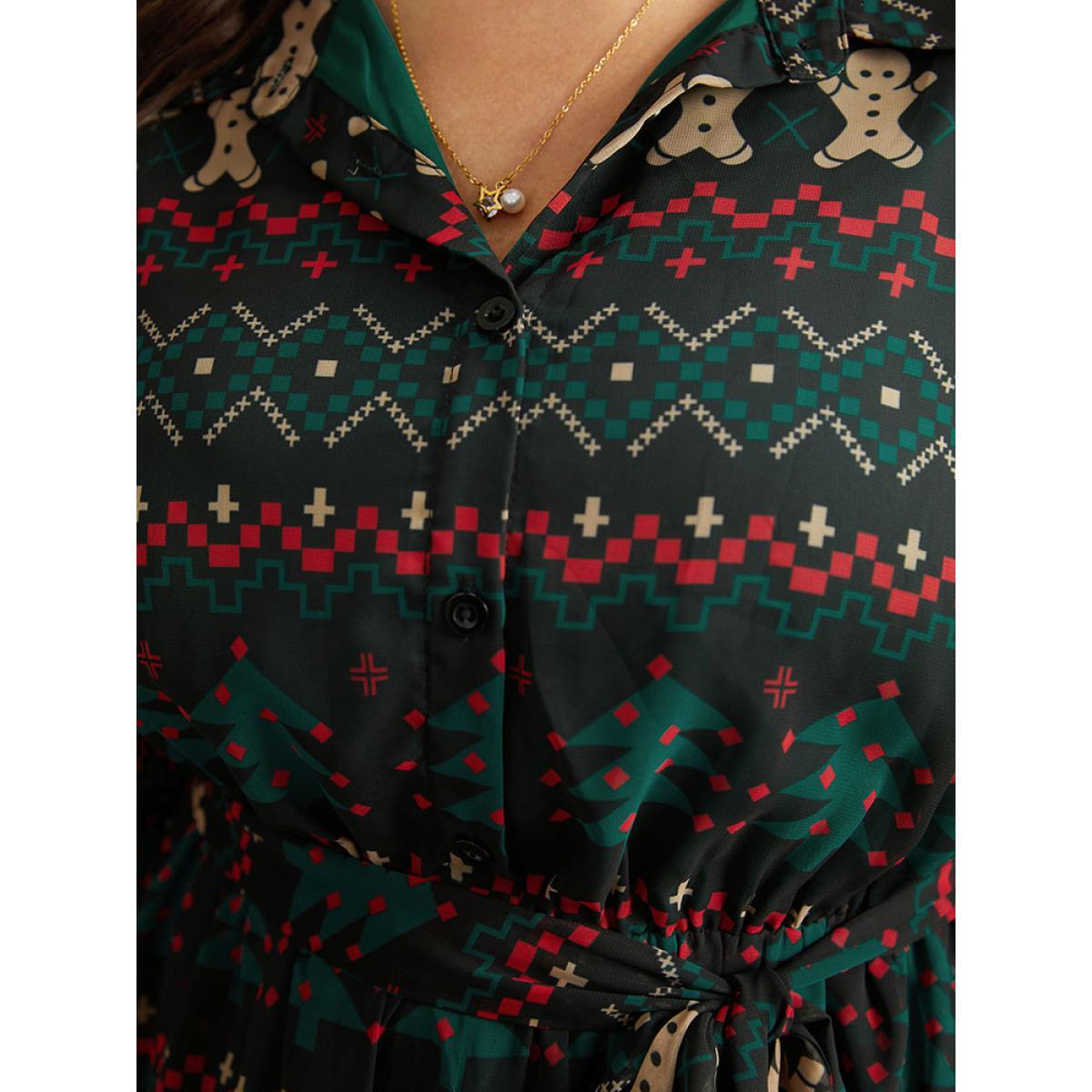Plus Size Christmas Button Through Belted Mesh Patchwork Dress Cyan Women Office Elastic cuffs Shirt collar Long Sleeve Curvy Midi Dress BloomChic 10/M Product Image