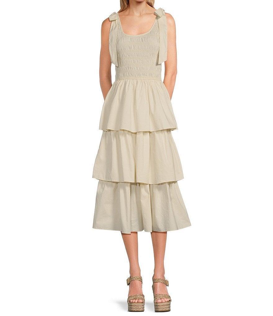 Skies Are Blue Poplin Square Neck Tie Strap Sleeveless Ruffle Tiered Midi Dress Product Image