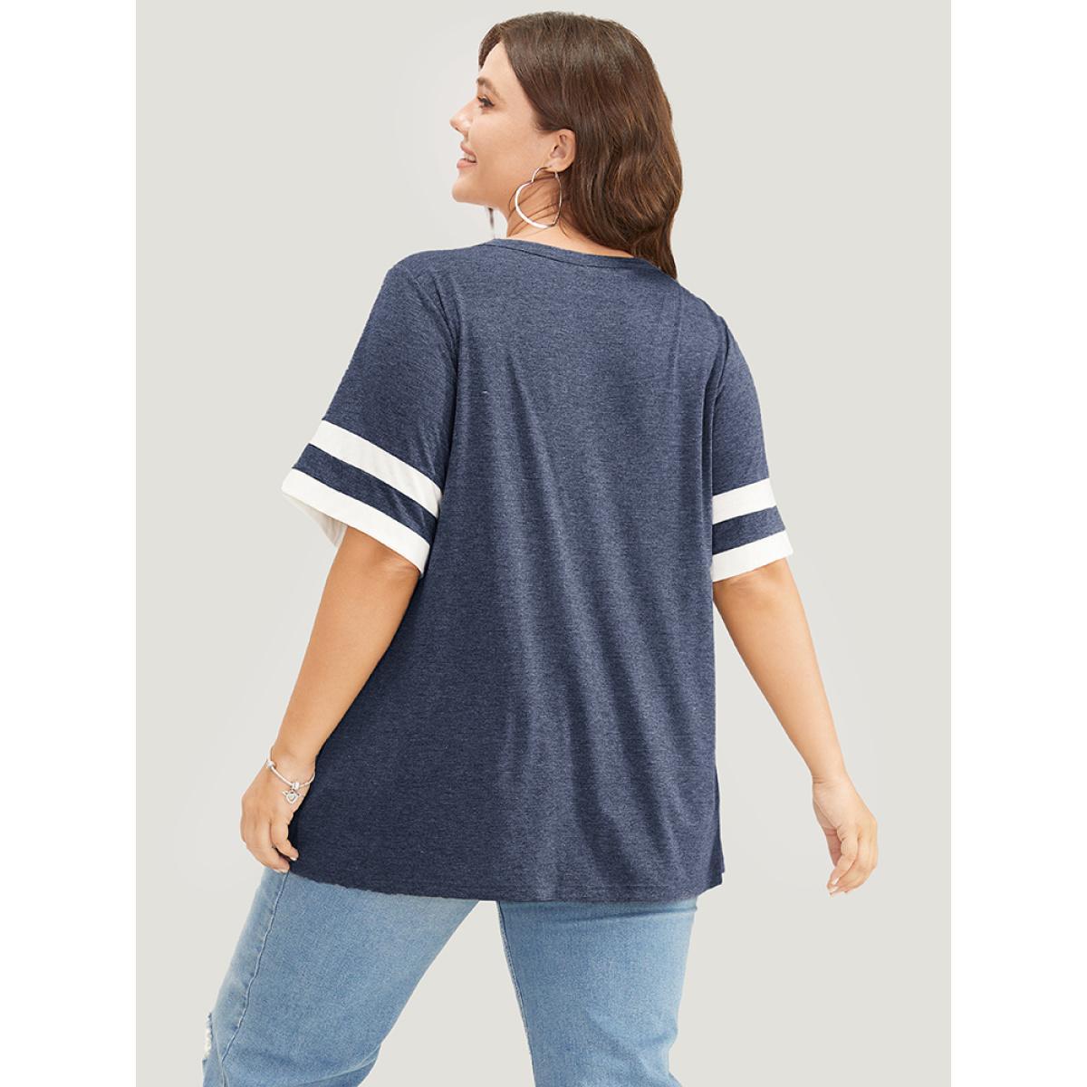 Plus Size Striped Contrast V Neck Button Detail T-shirt Indigo Women Casual Contrast Plain V-neck Dailywear T-shirts BloomChic 26/4X Product Image