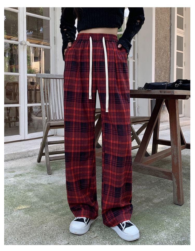 Drawstring Waist Plaid Loose Fit Pants Product Image