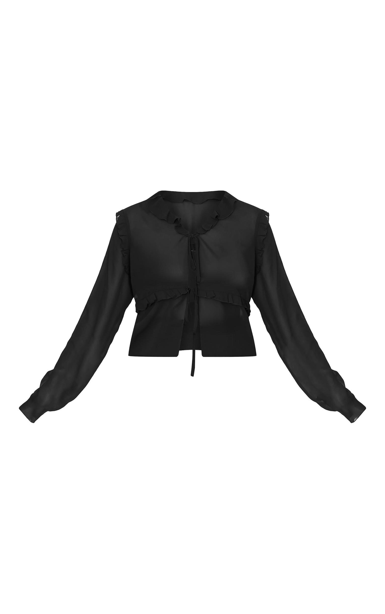 Plus Black Chiffon Ruffle Fitted Tie Front Blouse Product Image