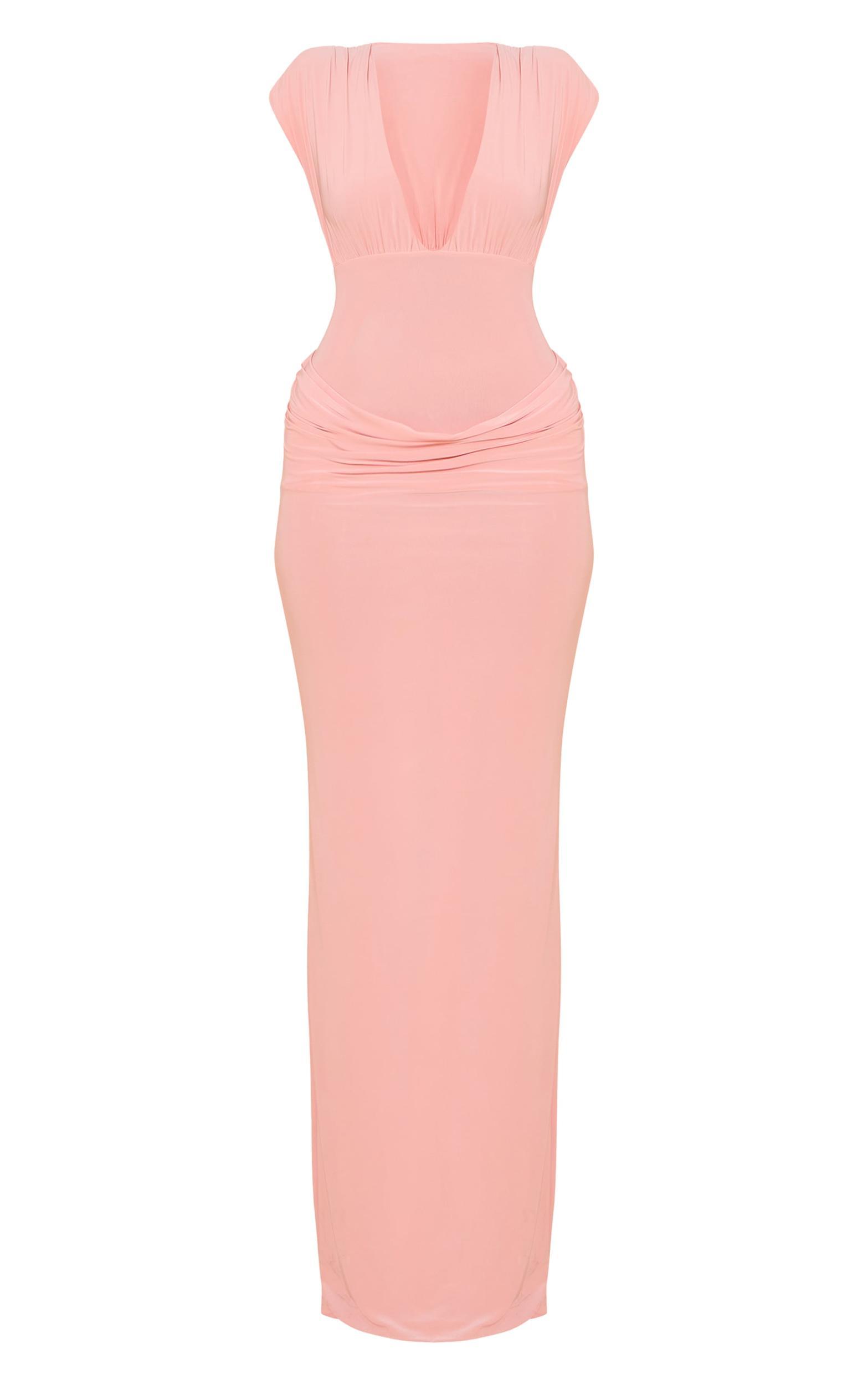 Blush Double Layer Plunge Ruched Shoulder Drape Waist Maxi Dress Product Image