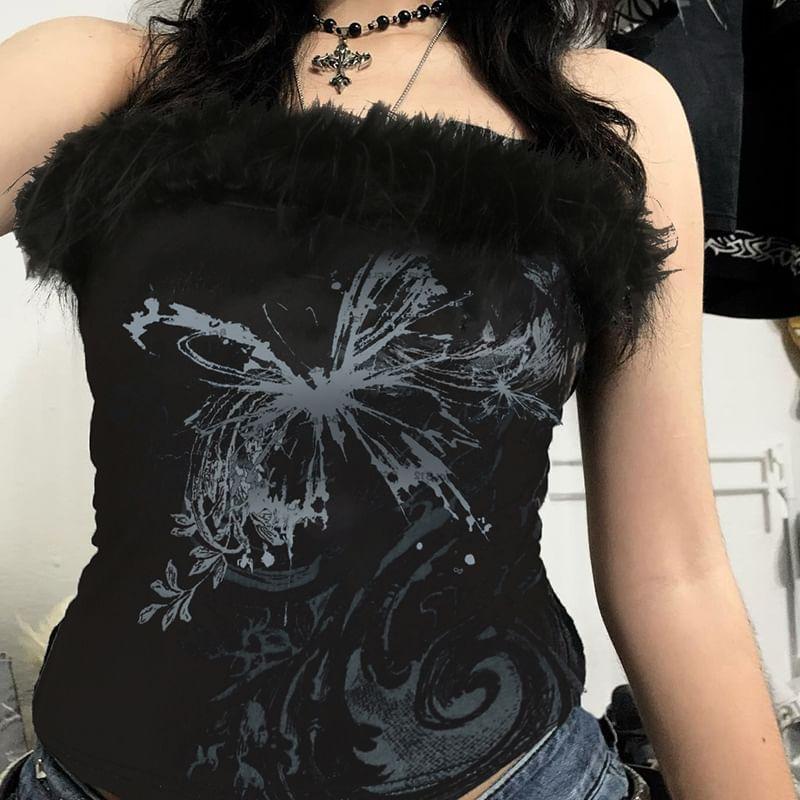 Furry-Trim Butterfly Print Tube Top Product Image