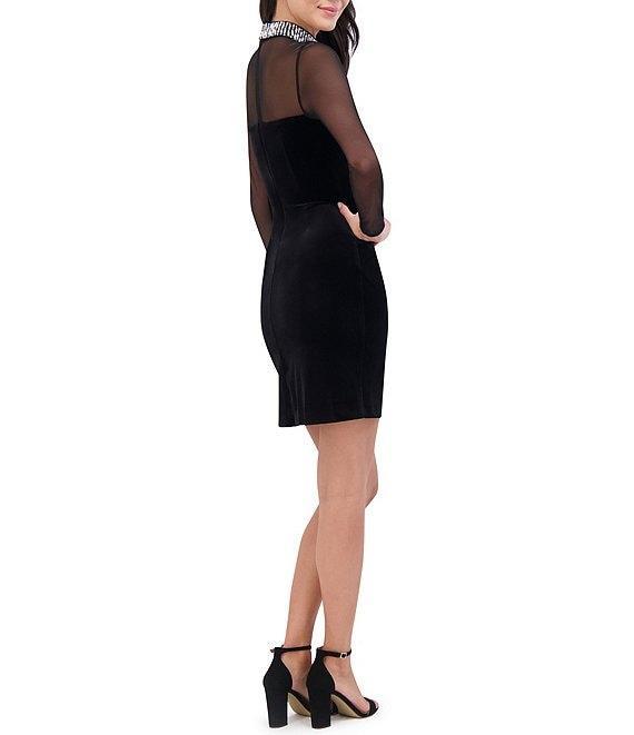 Vince Camuto Mixed Media Jewel Mock Neck Sheer Illusion Mesh Long Sleeve Ruch Velvet Bodycon Mini Dress Product Image