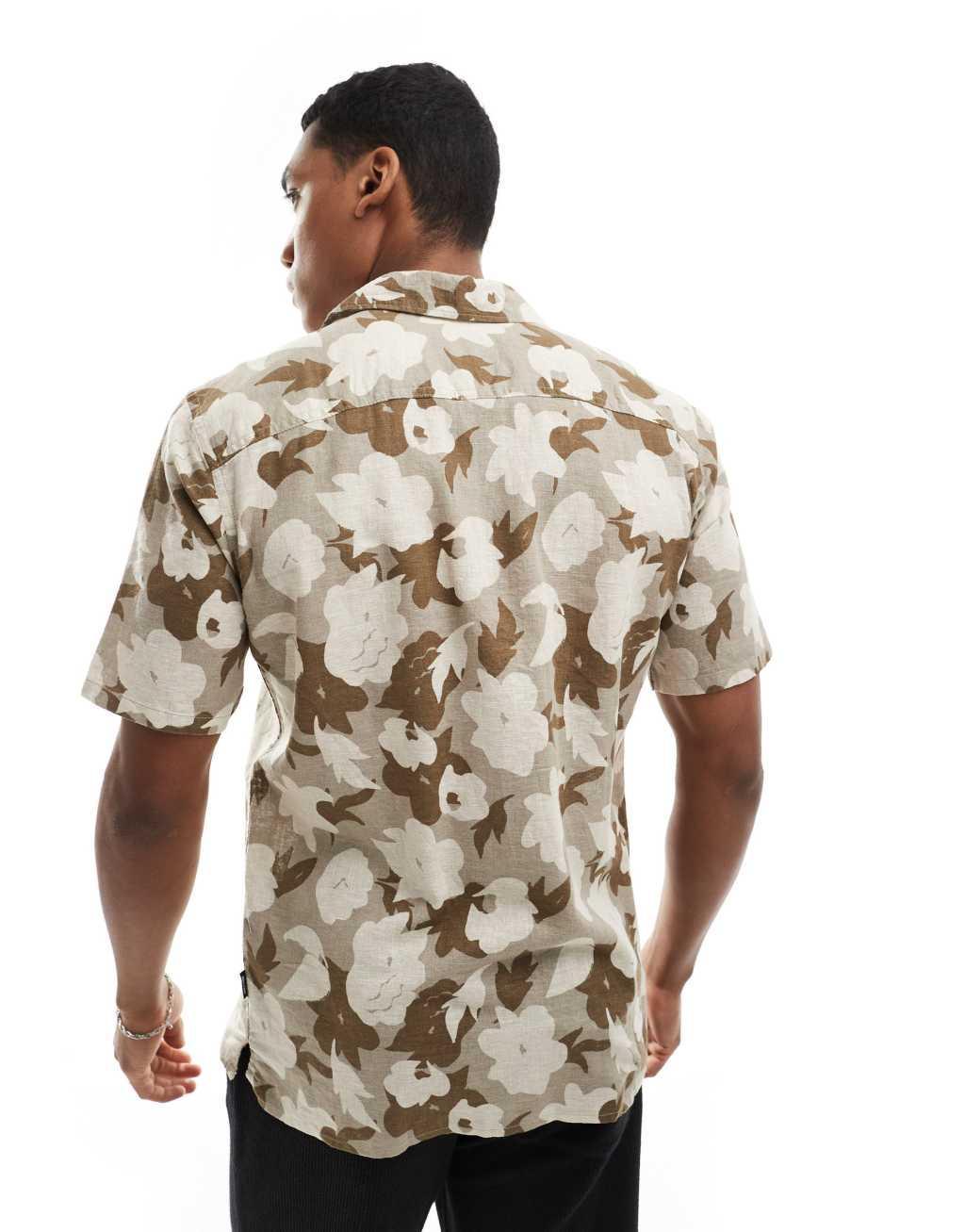Only & Sons linen mix revere collar floral shirt in beige Product Image