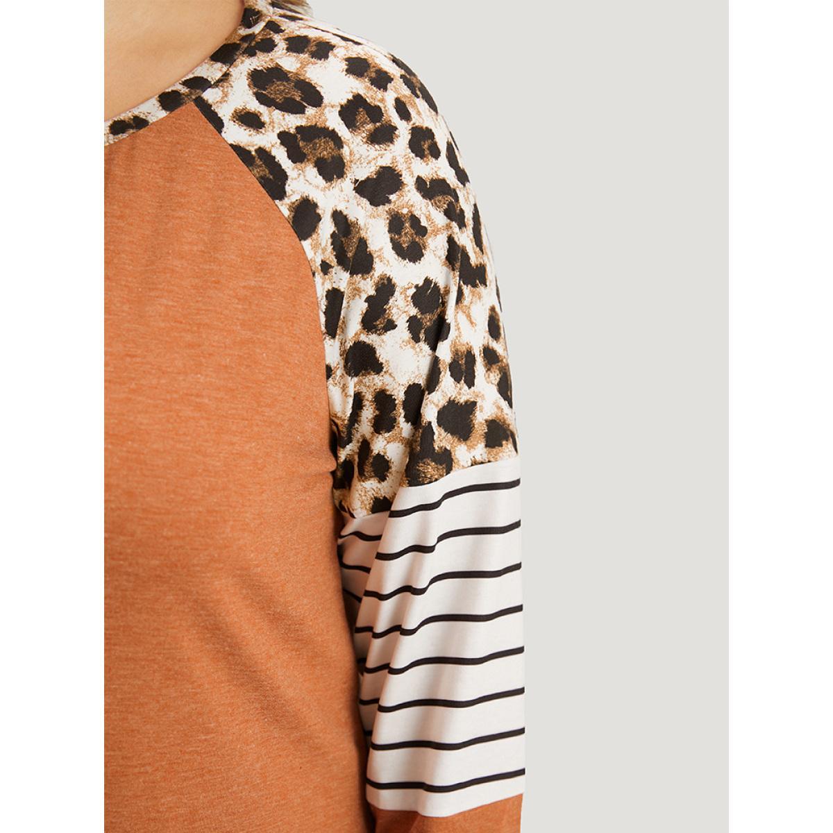 Plus Size Striped Patchwork Leopard Print Crew Neck T-shirt Chocolate Women Casual Contrast Leopard Round Neck Dailywear T-shirts BloomChic 14-16/1X Product Image