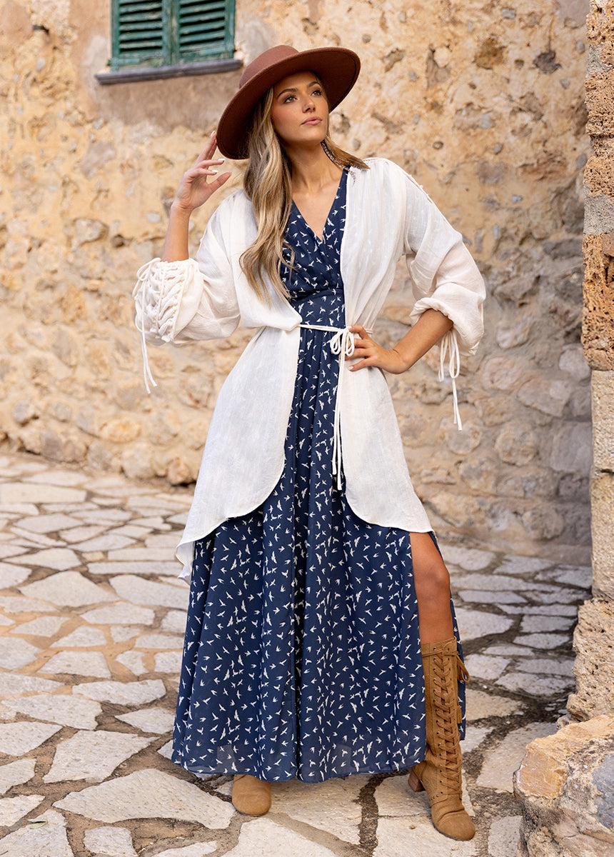 Maya Dress in Navy Bird Print Female Product Image