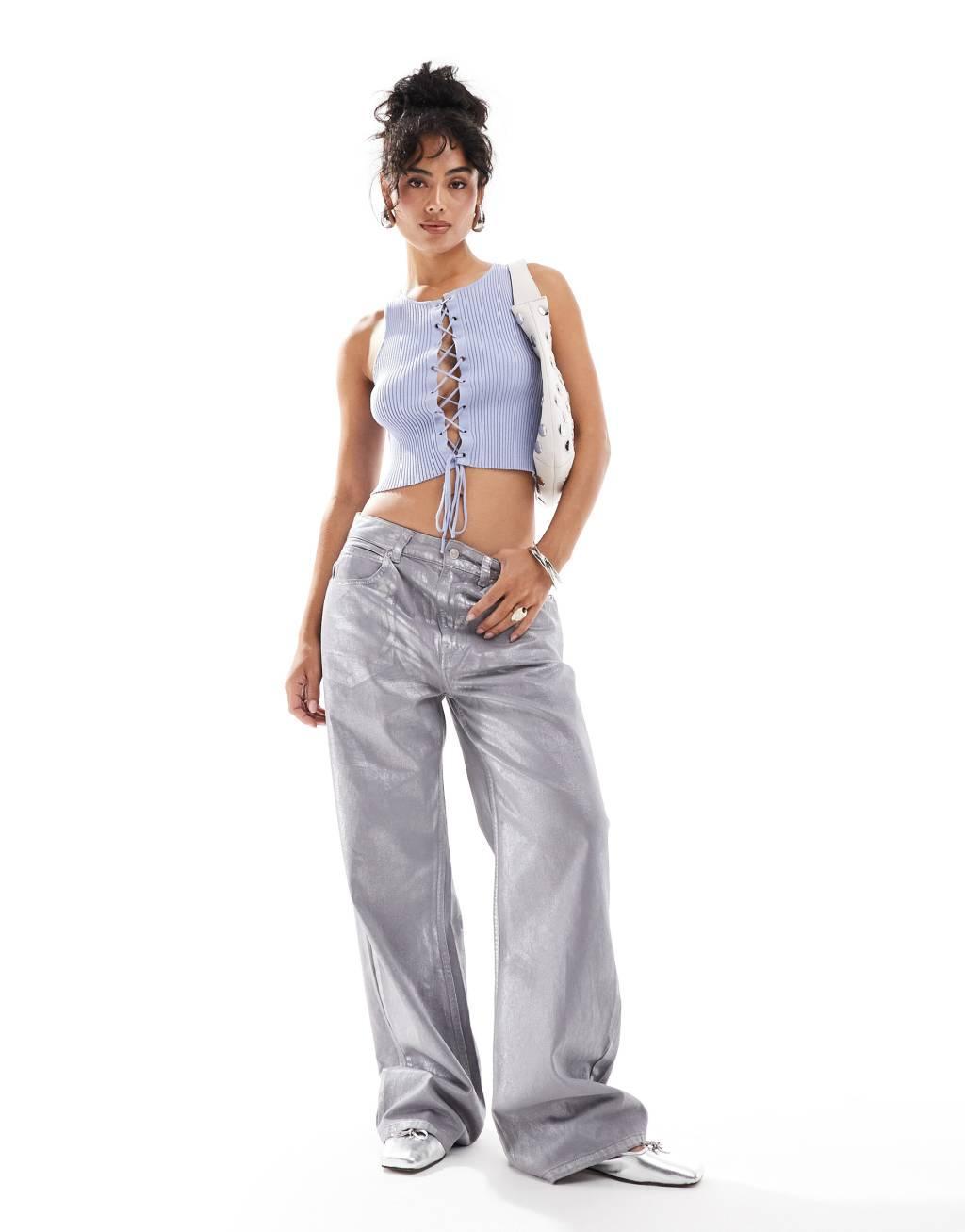 Mango tie front sleeveless top in light blue Product Image