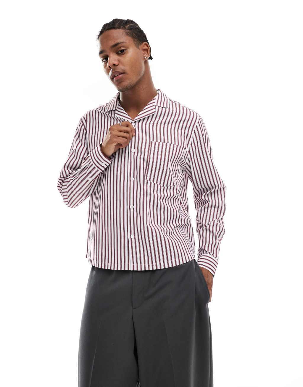 ASOS DESIGN boxy relaxed camp collar shirt in burgundy and pink stripe Product Image