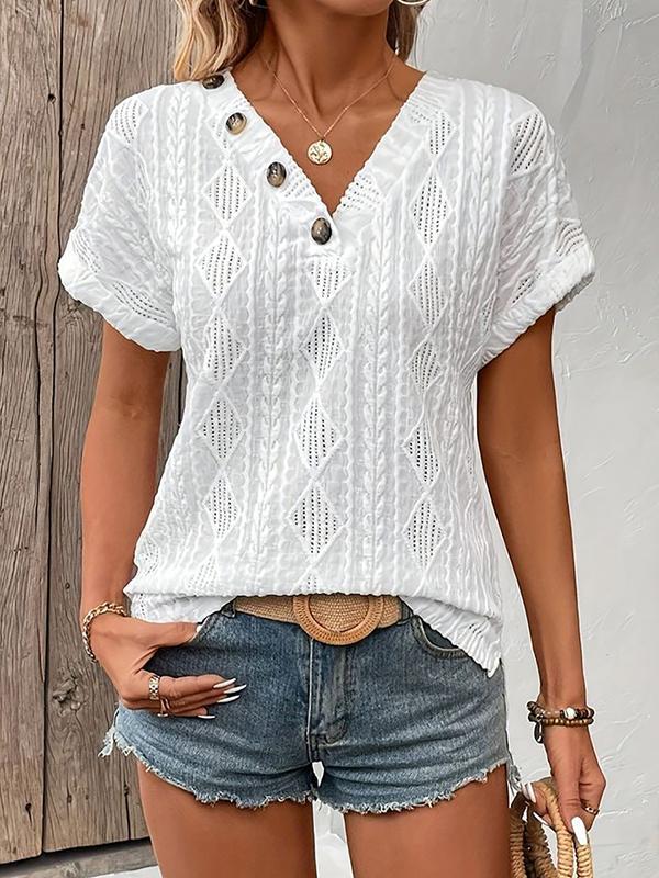 Loose Short Sleeves Buttoned Solid Color V-Neck T-Shirts Tops Product Image