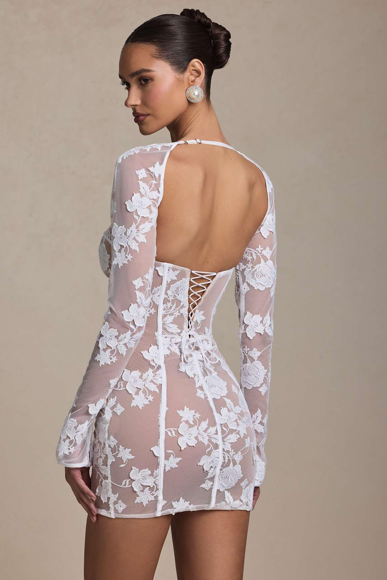 Lace-Detail Corset Mini Dress in White Product Image