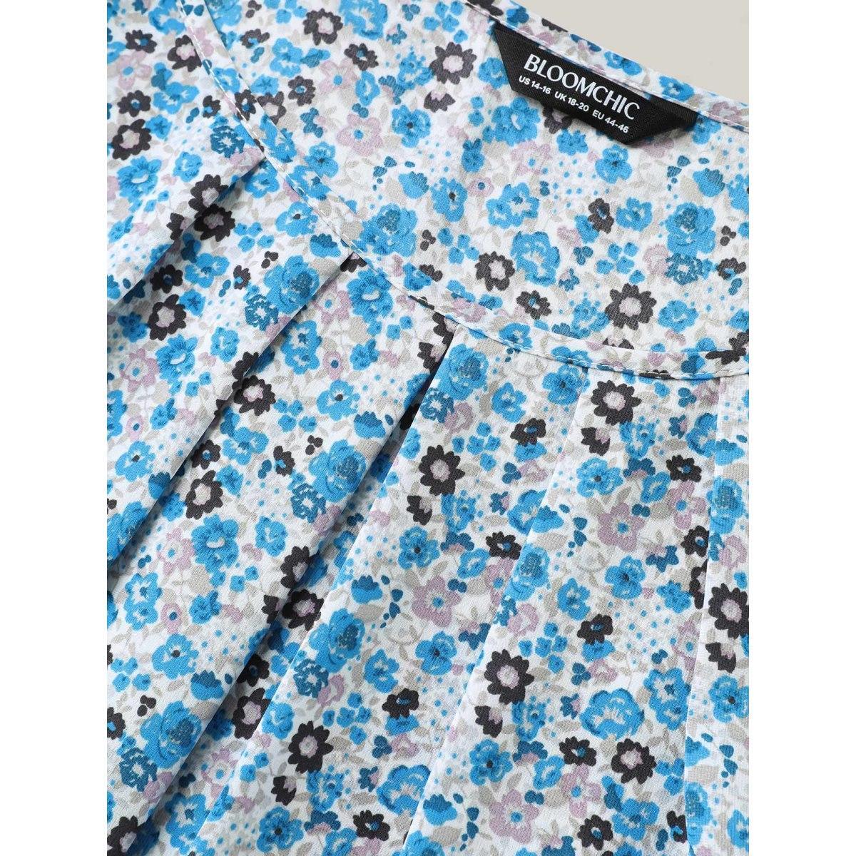 Plus Size Skyblue Floral Print Petal Sleeve Pleated Neck Blouse Women Short sleeve Round Neck Everyday-Elegant Blouses BloomChic 22-24/3X Product Image