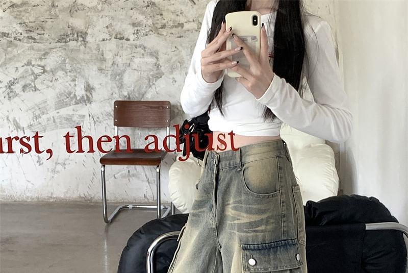 Mid Waist Washed Wide Leg Cargo Jeans Product Image