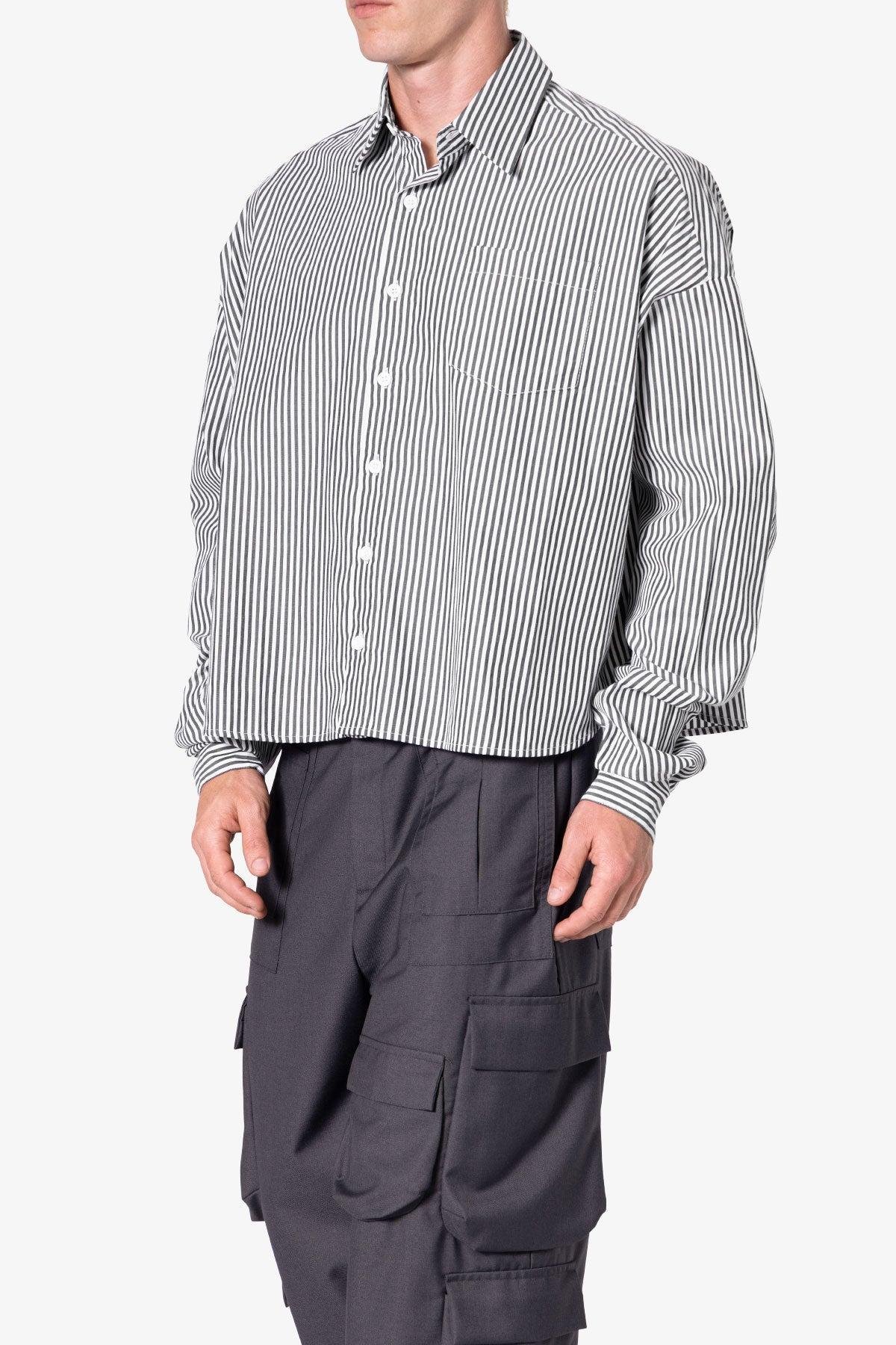 Striped Cropped Button Down Shirt - Black Product Image