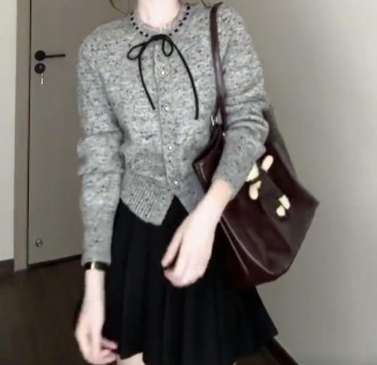 Round Neck Melange Bow Cardigan / High Waist Plain Pleated Mini A-Line Skirt Product Image