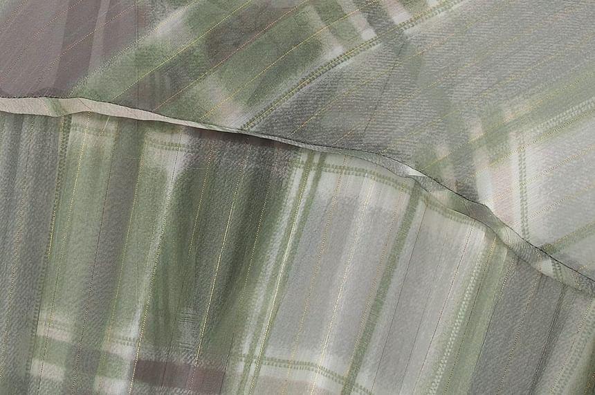 Set: Long Sleeve Tie Neck Plaid Maxi A-Line Dress + Belt Product Image