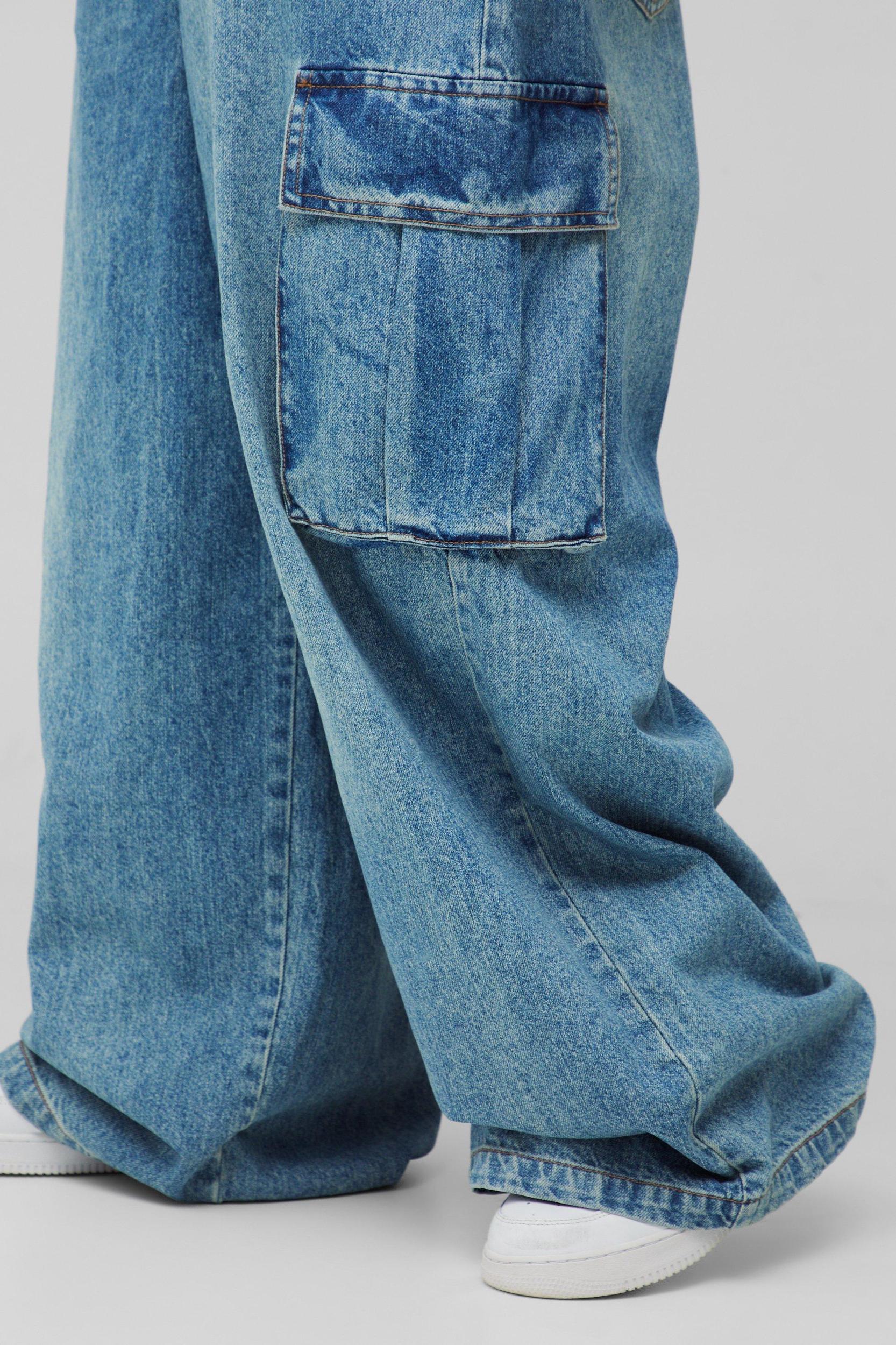 Plus Denim Cargo Parachute Jeans with Pleat Waist Detail | boohooMAN USA Product Image