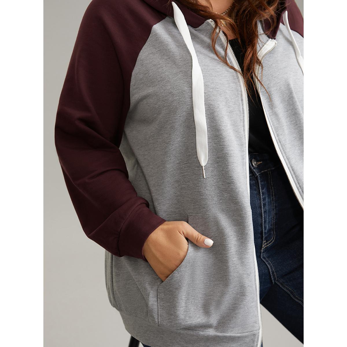 Plus Size Contrast Raglan Sleeve Zipper Hooded Sweatshirt Women Gray Casual Contrast Hooded Dailywear Sweatshirts BloomChic 10/M Product Image