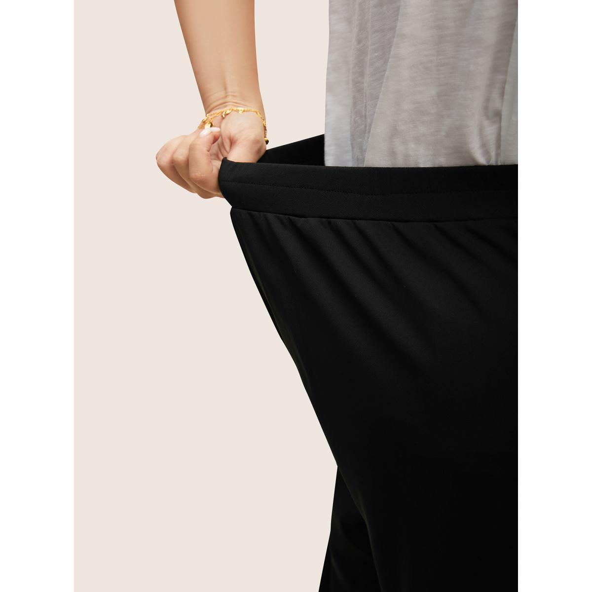 Plus Size Medium stretch Laser Cut Elastic Waist Pants Women Black Elegant Wide Leg Mid Rise Everyday Pants BloomChic 12/L Product Image