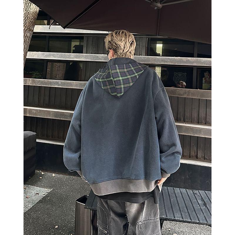 Plaid Panel Hooded Zip-Up Jacket Product Image