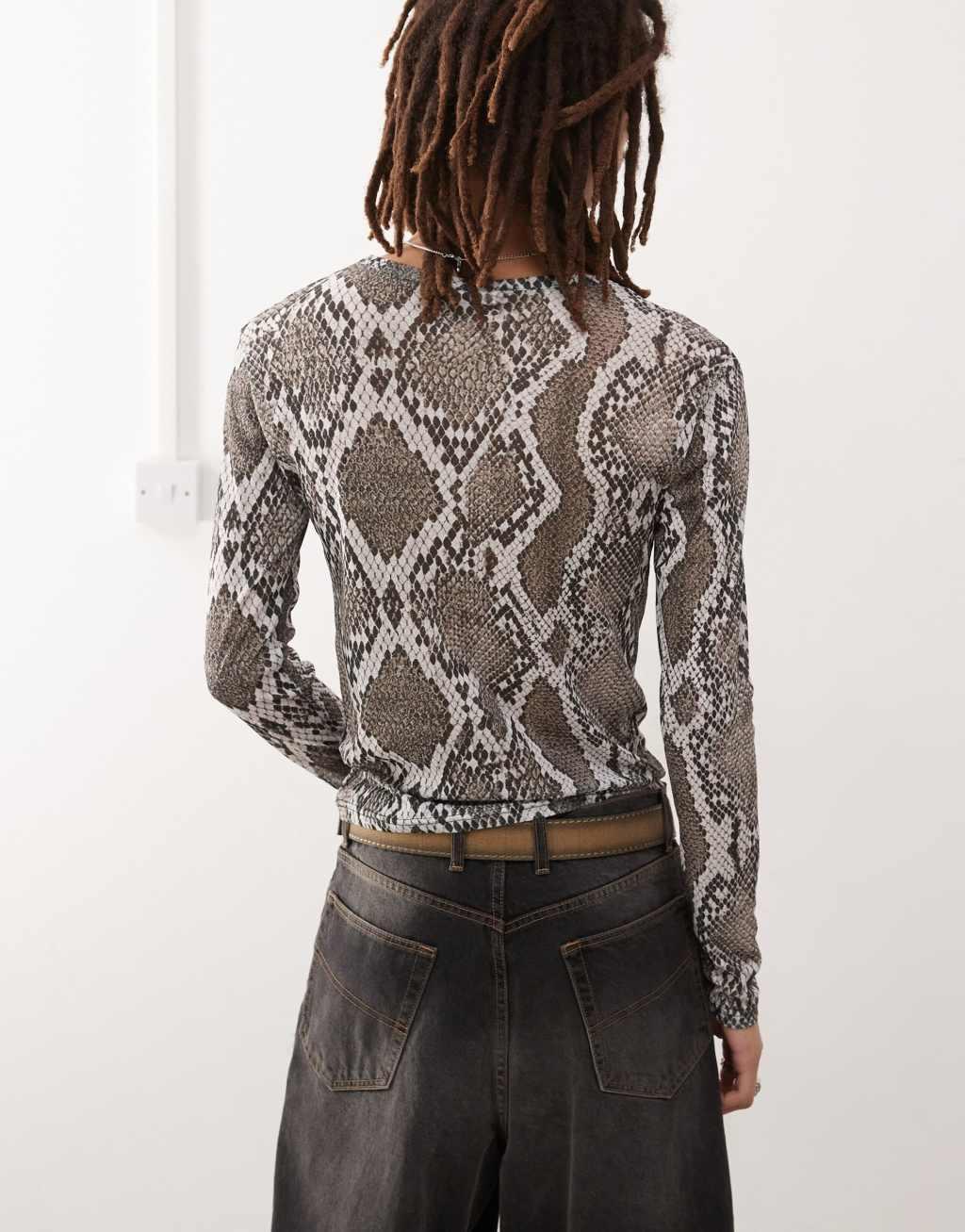 COLLUSION long sleeve t-shirt in snake print tissue mesh Product Image