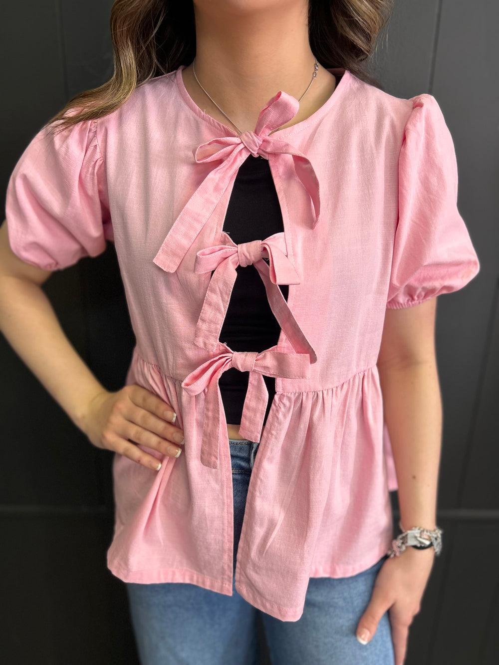 Short Sleeve Woven Front Bow Tie Top - 5 Colors* Product Image