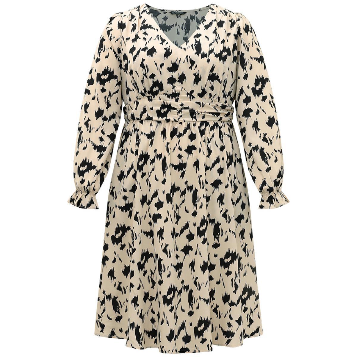 Plus Size Geometric Contrast Belted Elastic Cuffs Dress Apricot Women Elegant Elastic cuffs V-neck Long Sleeve Curvy Midi Dress BloomChic 14-16/1X Product Image