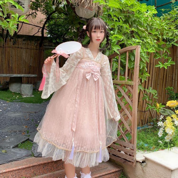Long-Sleeve V-Neck Floral Embroidered Blouse / Floral Embroidered Midi Jumper Dress Product Image