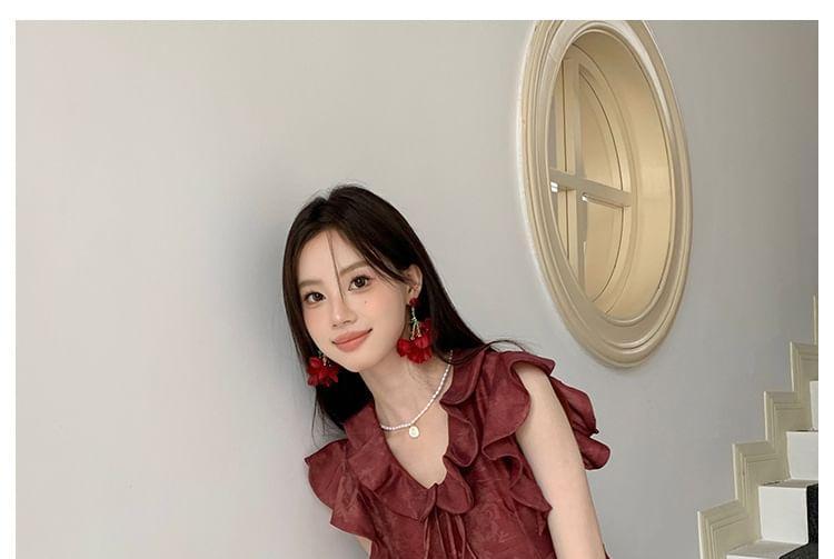 Cap-Sleeve V-Neck Floral Bow Ruffle Trim Mini A-Line Dress Product Image